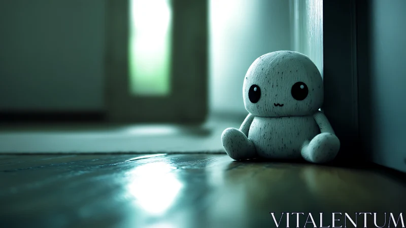 Cute white plush toy leaning quietly against door frame.