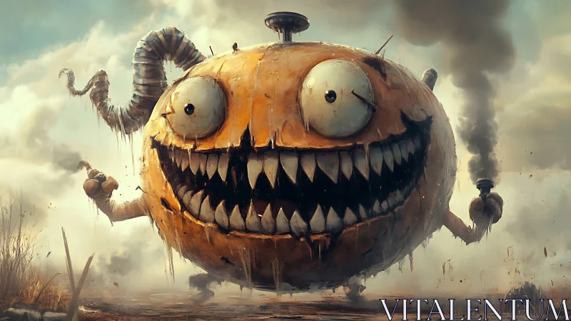 Grinning rustball monster stomps through smoky wasteland.