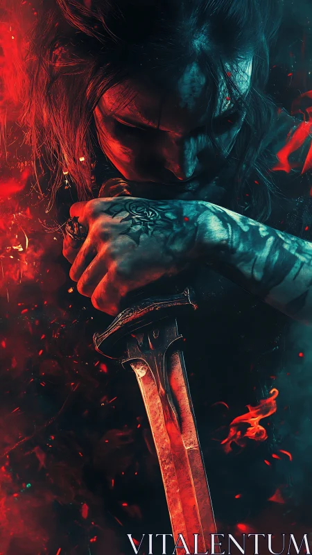 Vengeful warrior in emberlit shadows gripping a blooded blade.