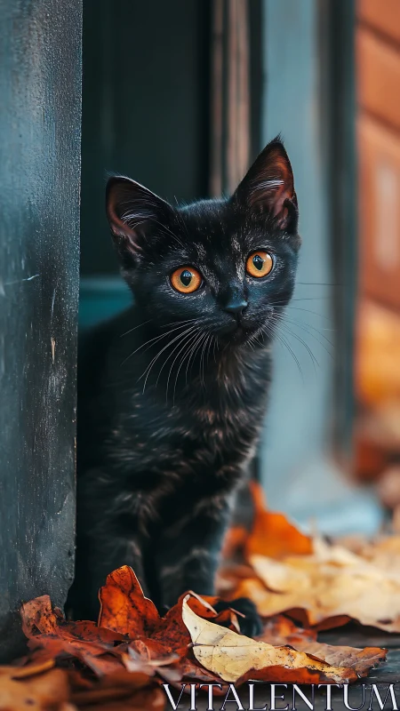 Black kitten with amber eyes peers around weathered column.