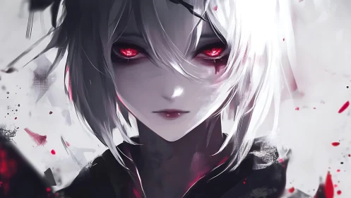 Pale anime portrait isolates crimson eyes in high contrast
