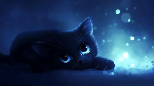 Black feline with luminous blue eyes in dark atmospheric setting.