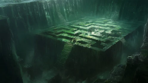 Mist-drowned stone labyrinth hums with ancient, watchful green