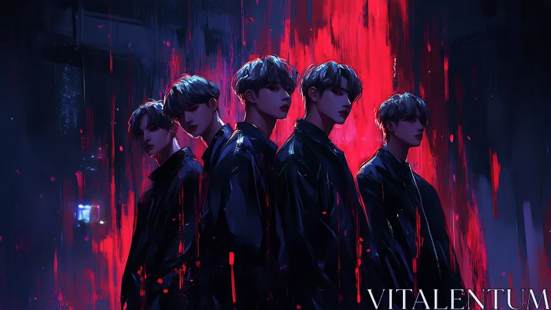 Dark synthwave boy band before neon blood rain wall.