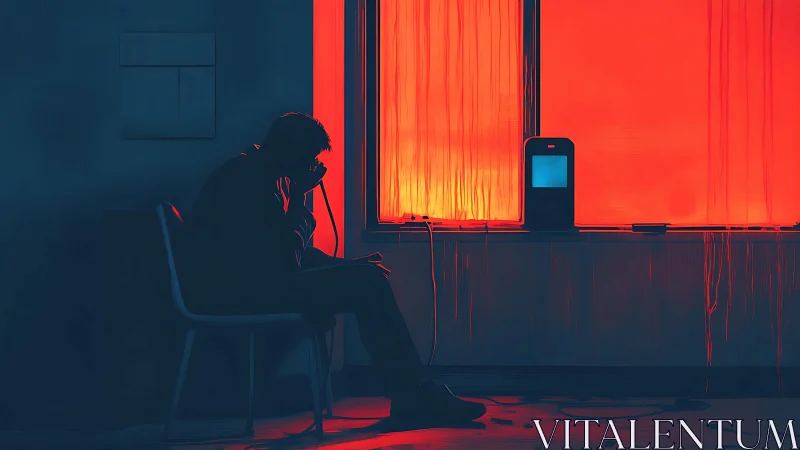 Silhouetted seated figure uses device before red backlit window