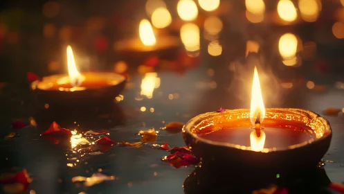 Diya oil lamps cast warm bokeh light across reflective surface