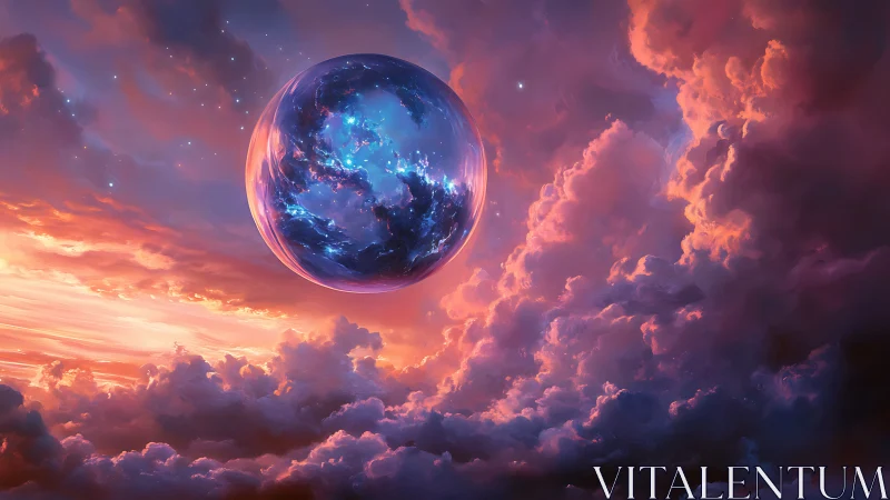 Spectral nebula sphere suspended in irradiated sunset clouds.