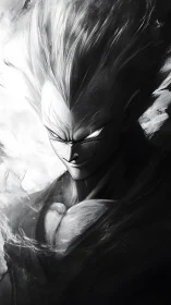 Monochrome anime villain emerges from swirling darkness