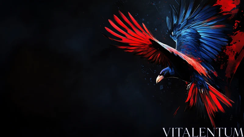 Vibrant Red and Blue Bird in Flight on Dark Artistic Background.