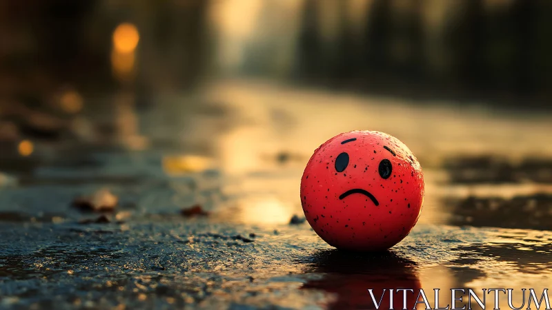Red rubber ball with face on wet reflective pavement surface.