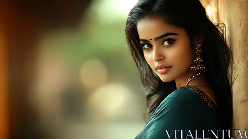 Elegant woman in traditional attire with soft natural lighting.