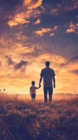 Father and child silhouettes stand in field under glowing sky
