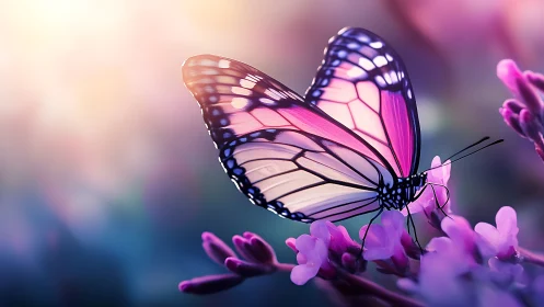 Butterfly on pink blossoms in soft pastel sunset light.