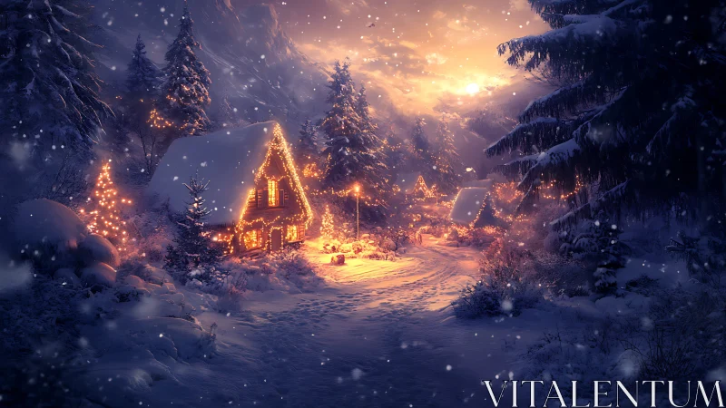 Snowy alpine village glows under warm festive lights.