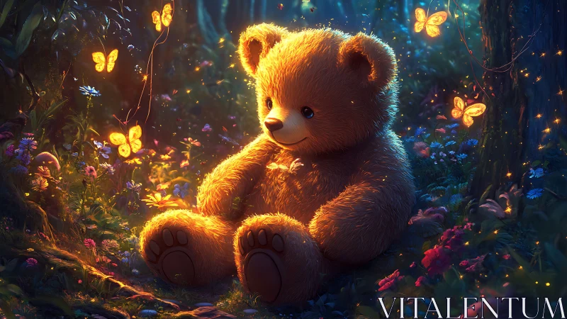 Golden teddy bear resting in a softly glowing forest.