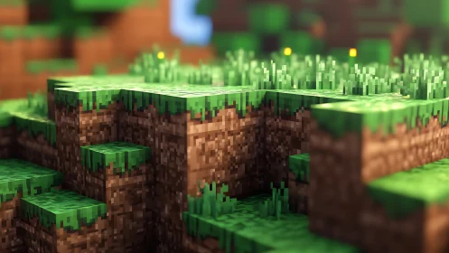 Sunlit voxel grass cliffs in stylized game environment.