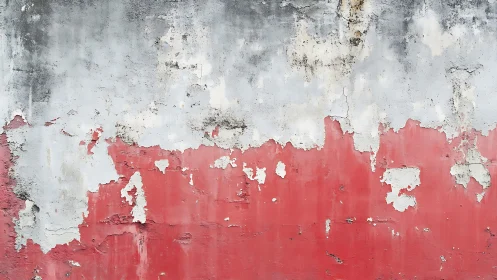 Weathered red and white concrete wall with peeling paint texture.