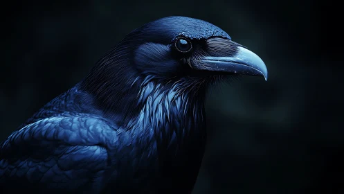 High-Resolution 3D Rendered Corvid Portrait with Metallic Blue Iridescence