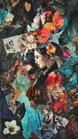 Collaged daydream queen stitched from petals and citylight.