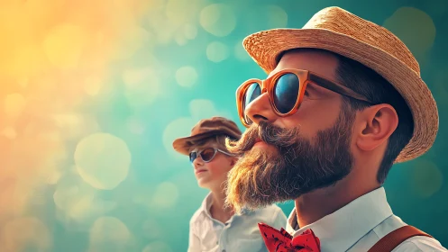 Man and child in hats and sunglasses stand against blurred sky