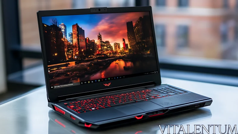 Neon city gaming laptop basking in sunset reflections.
