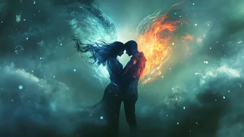 Silhouetted Couple Embracing with Dual-Element Energy Wings