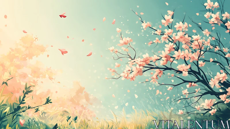 Cherry blossoms drift across serene landscape.