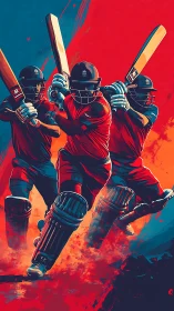 Dynamic digital painting of cricket batsmen in motion triad.
