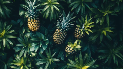 Ripe pineapples nestle within dense tropical foliage canopy.