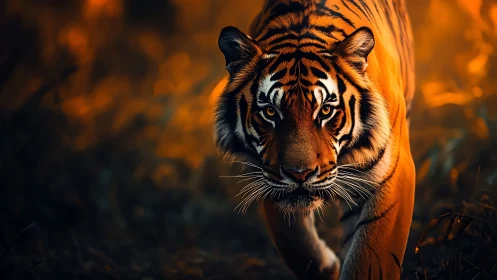 Golden-hour tiger stroll in a softly glowing forest trail.