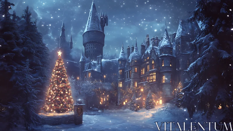 Snowy castle courtyard with illuminated Christmas tree.