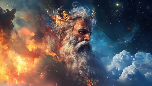Mythic deity portrait merges fiery nebula with cold starfield