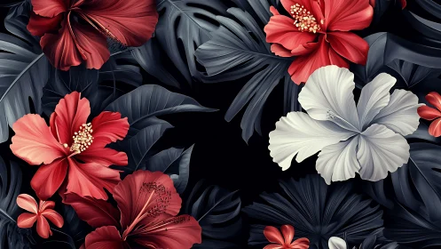 Tropical Hibiscus Composition: Red and Ivory Blooms Against Dark Foliage.
