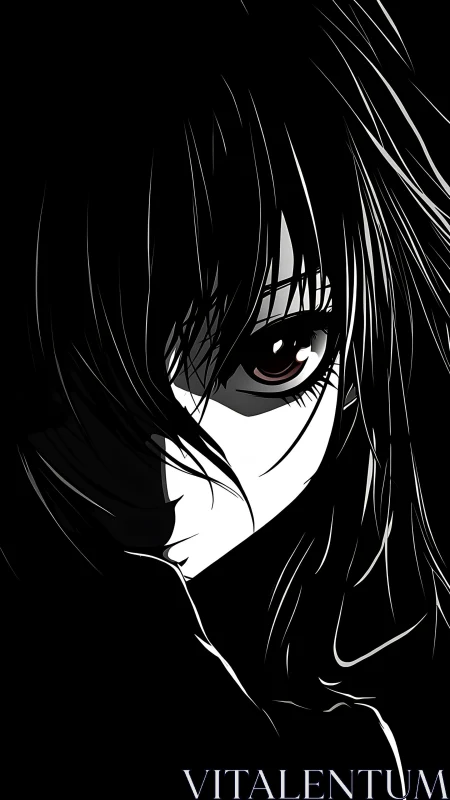 Shadowed anime gaze holds quiet strength in stark contrast