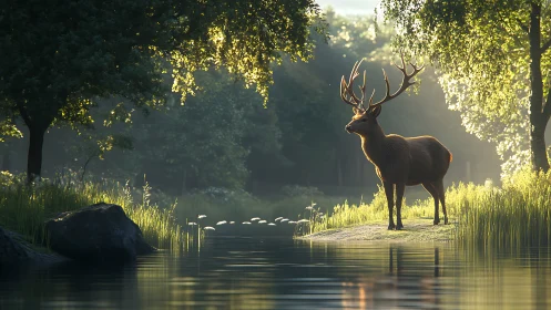 Stag in backlit riverside forest rendered with soft volumetrics.