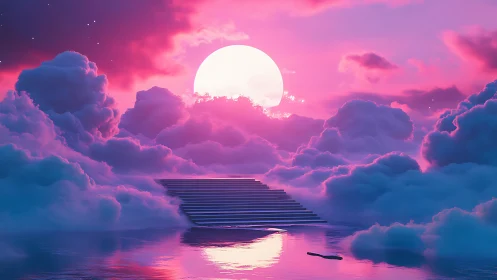 Stairway rises through neon clouds toward glowing full moon