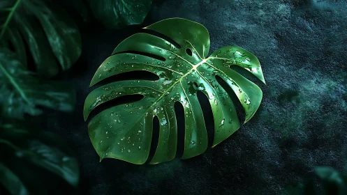 Monstera leaf glistens with raindrops on dark textured ground.