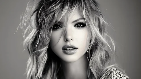 Monochrome close-up portrait of woman with wavy hair.