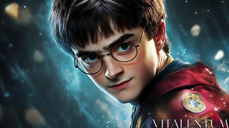 Young wizard portrait glows against swirling blue magic haze