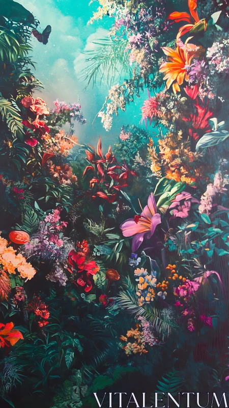 Verdant Paradise: Lush Flowers Cascade in Turquoise Light.