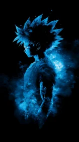 Anime silhouette in electric blue vapor trail profile study.