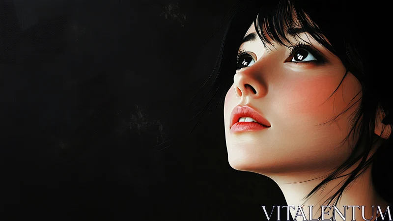 Digital portrait shows young woman looking upward left