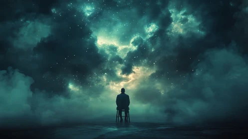 Quiet soul sits beneath a glowing, stormy cosmic sky