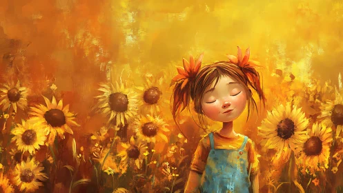 Sun-drenched daydream girl drifting in a golden sunflower sea.