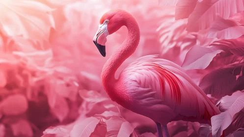 Pink flamingo in stylized tropical foliage environment.