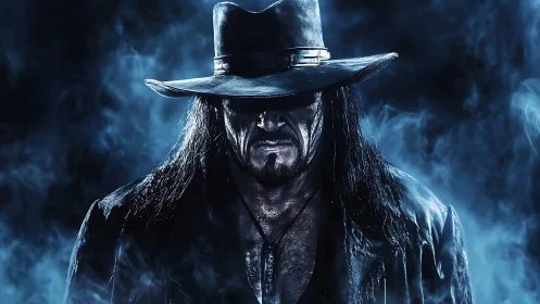 Dark cowboy figure in hat surrounded by blue fog.