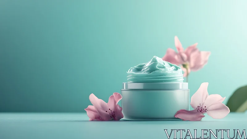 Turquoise cosmetic cream jar with pink flowers on teal surface.
