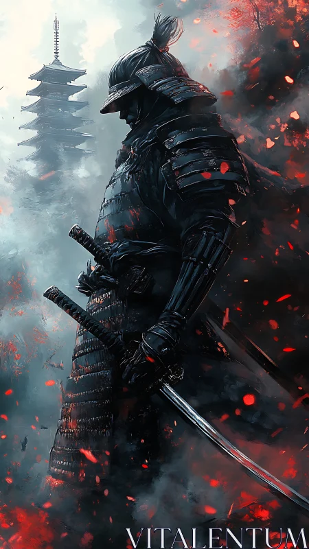 Armored samurai silhouette framed by embers and fog depth cues