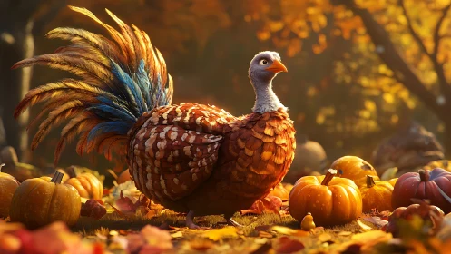 Turkey with pumpkins in autumn forest setting.