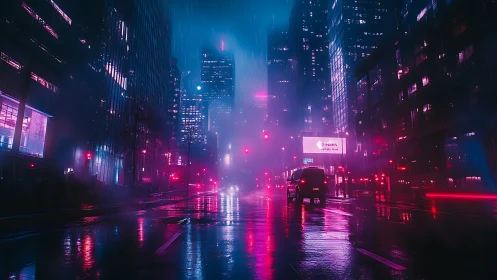 Neon rainstorm drapes a sleepless cyber city in magenta haze.